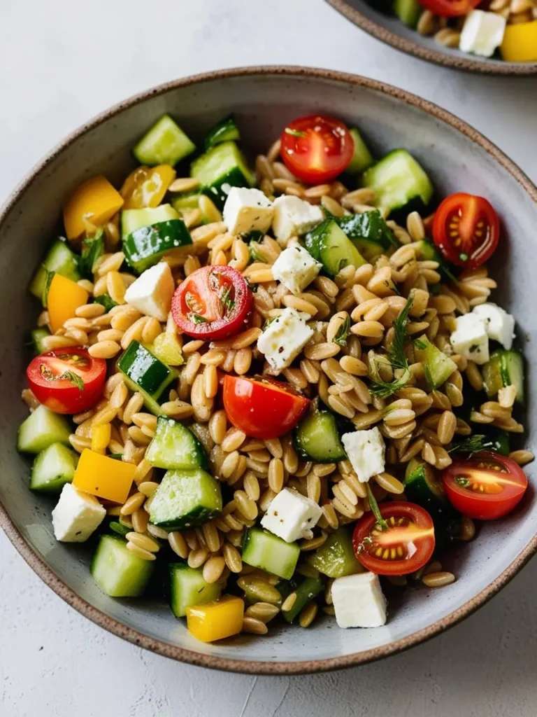 A colorful Mediterranean farro salad in a rustic bowl, featuring chewy farro, cherry tomatoes, cucumber, yellow bell pepper, and cubes of feta cheese. Fresh herbs add a vibrant touch, and the dish appears lightly dressed, offering a refreshing, nutritious mix of flavors and textures.