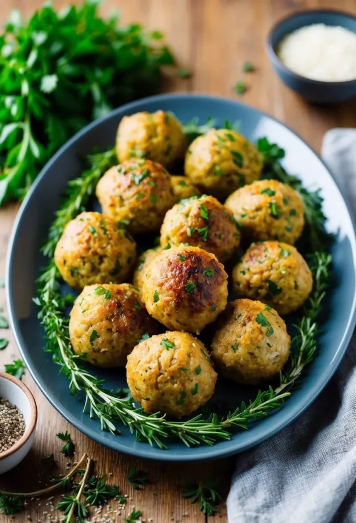 A platter of Mediterranean herb turkey meatballs surrounded by fresh herbs and spices