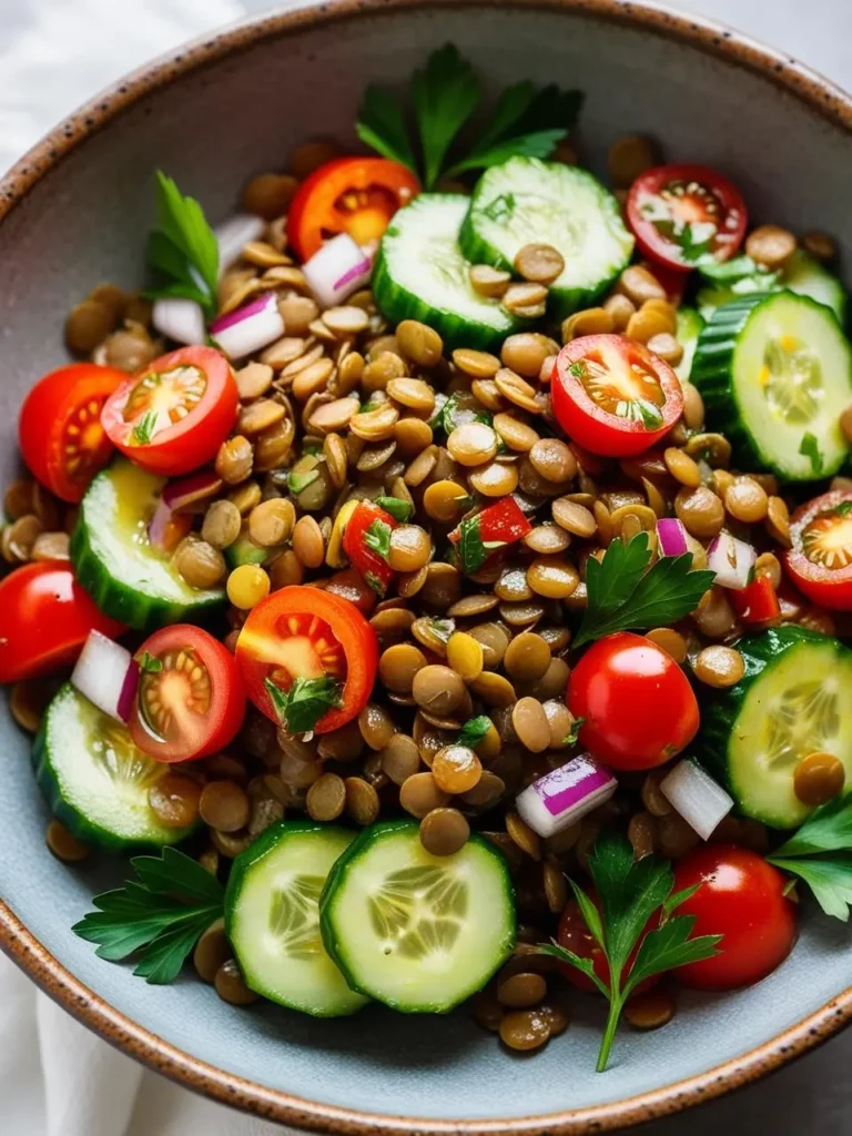 A close-up view of a colorful lentil salad in a bowl. The salad is made with cooked lentils, cherry tomatoes, sliced cucumbers, red onion, and fresh parsley.