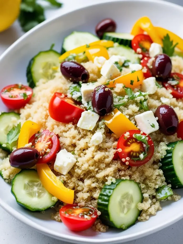 A vibrant quinoa salad brimming with fresh ingredients. The salad features fluffy quinoa, juicy cherry tomatoes, crisp cucumbers, crumbled feta cheese, and olives. It looks light, refreshing, and perfect for a summer meal.