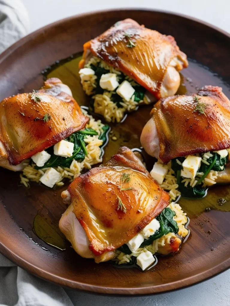 A wooden platter filled with four golden-brown roasted turkey thighs. Each thigh is stuffed with a mixture of spinach, rice, and feta cheese. The dish looks incredibly appetizing and perfect for a holiday meal.