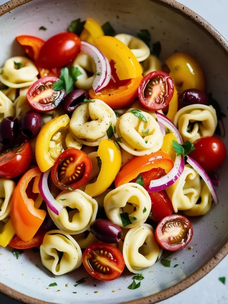 A close-up view of a bowl of tortellini pasta salad. The salad is made with tortellini pasta, cherry tomatoes, bell peppers, red onion, black olives, and fresh parsley.