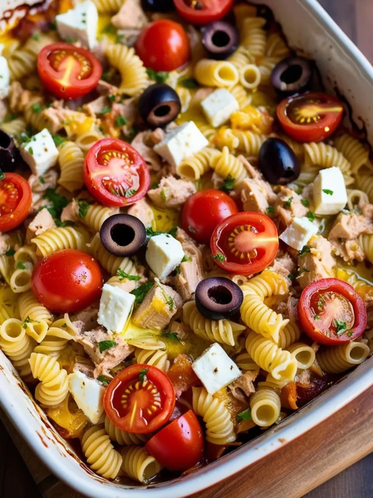 A close-up view of a Mediterranean tuna pasta salad in a white ceramic baking dish. The salad is topped with cherry tomatoes, black olives, feta cheese, and fresh parsley.