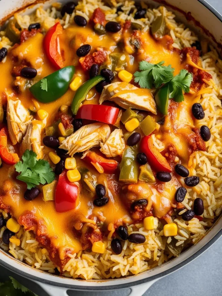 A close-up view of a skillet filled with a vibrant Mexican-inspired dish. The dish features a bed of fluffy rice topped with tender chicken, black beans, corn, bell peppers, and a generous layer of melted cheese. Fresh cilantro is sprinkled on top.