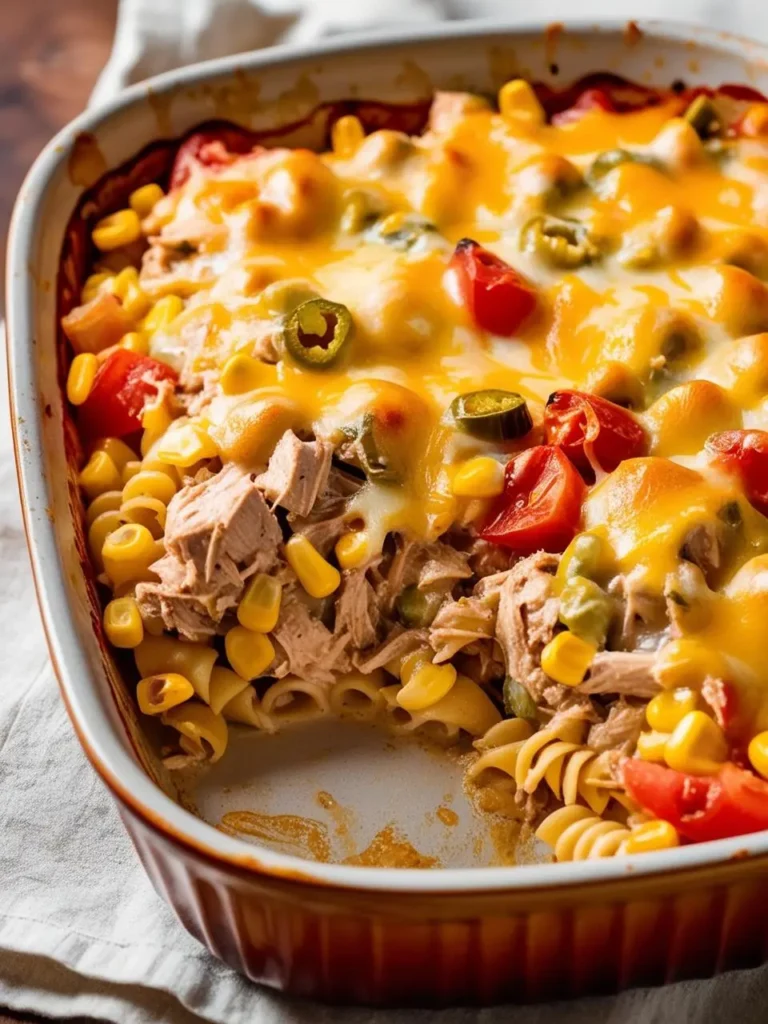 A close-up view of a Mexican tuna noodle casserole in a white ceramic baking dish. The casserole is topped with melted cheese, tomatoes, corn, and jalapenos, and a scoop has been taken out to reveal the creamy filling.