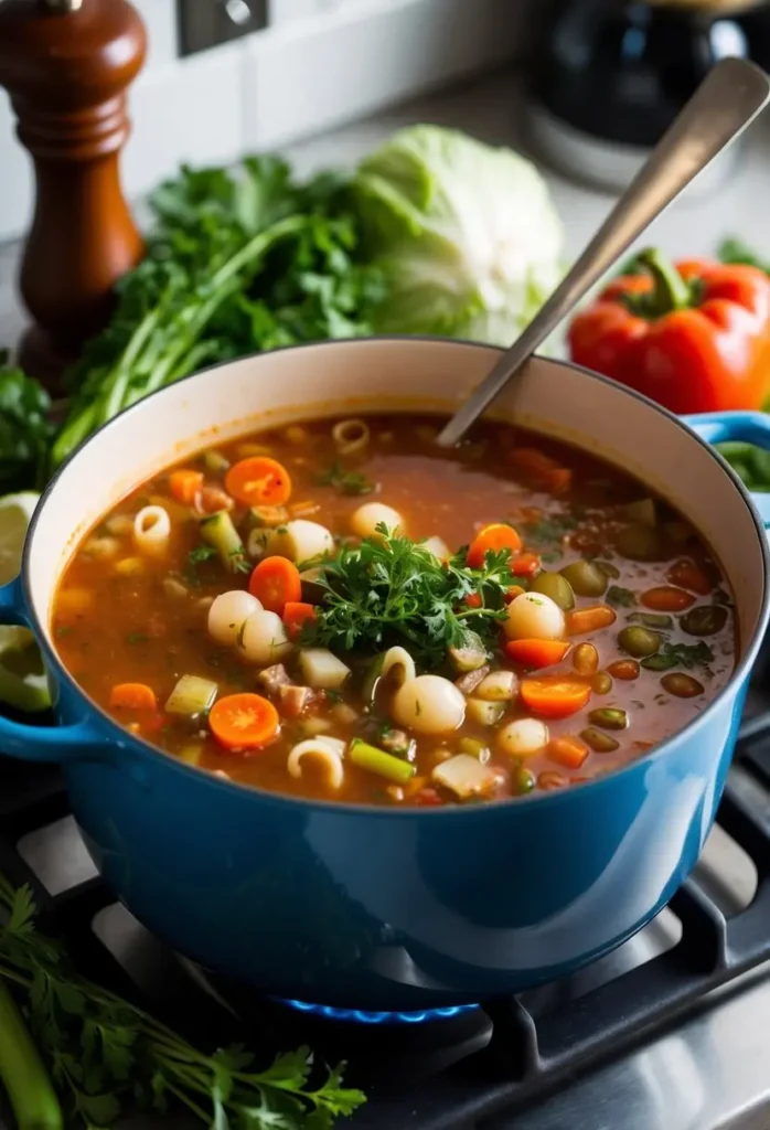 A pot of minestrone soup simmering on a stovetop, surrounded by fresh vegetables and herbs