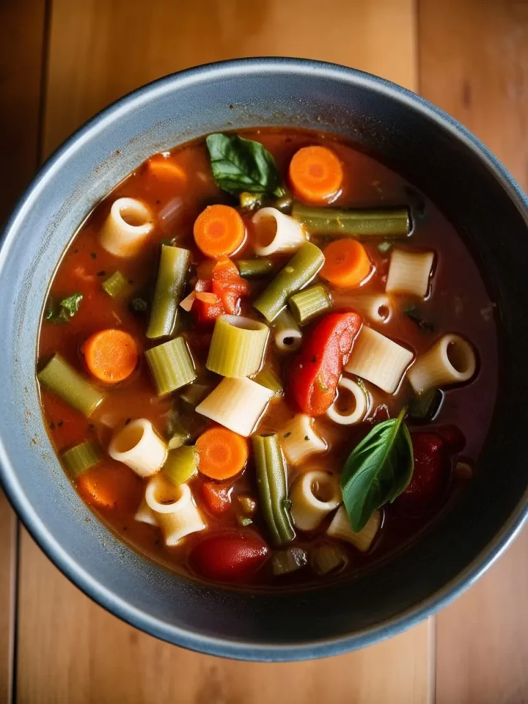 A bowl of hearty minestrone soup filled with vegetables and pasta. The soup looks vibrant and flavorful, perfect for a comforting meal.