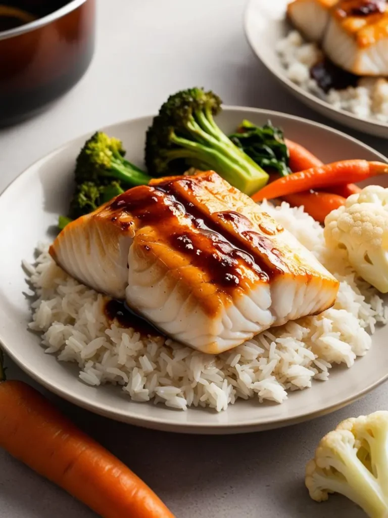 A plate of pan-seared Chilean sea bass glazed with a teriyaki sauce. The fish is served on a bed of fluffy white rice and accompanied by a colorful array of roasted vegetables, including broccoli, carrots, and cauliflower. The dish looks incredibly appetizing and flavorful.