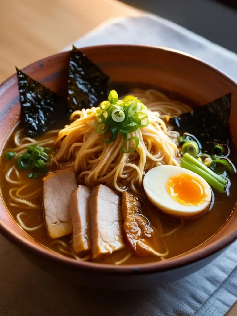 A steaming bowl of ramen with a rich, golden broth. The ramen is topped with slices of chashu pork, nori seaweed, a soft-boiled egg, and green onions.