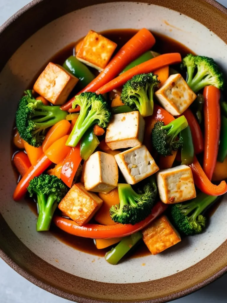 A bowl of colorful and flavorful tofu stir-fry. The dish features pan-fried tofu cubes, vibrant vegetables like broccoli, carrots, and bell peppers, all glazed with a sweet and tangy sauce. It's a wholesome and satisfying vegetarian meal.