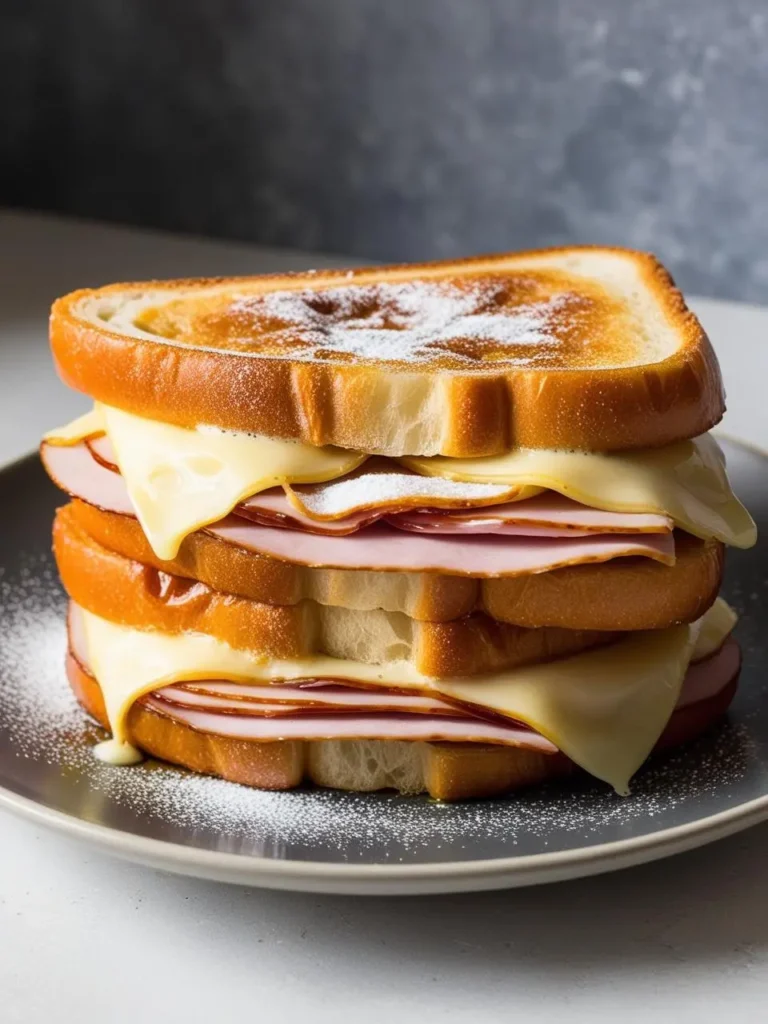 A towering club sandwich with multiple layers of toasted bread, ham, cheese, and lettuce. The sandwich is dusted with powdered sugar, giving it a sweet and savory contrast.