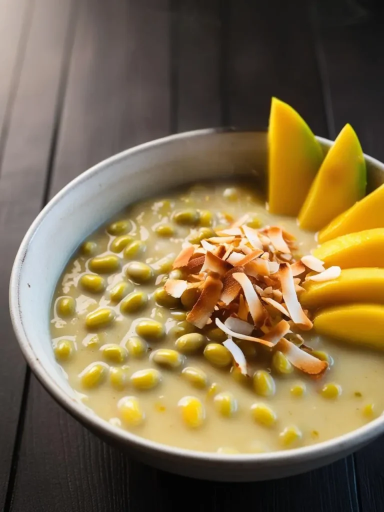 A bowl of creamy mung bean porridge topped with fresh mango slices and toasted coconut flakes. The dish looks delicious and inviting, perfect for a warm and comforting breakfast.