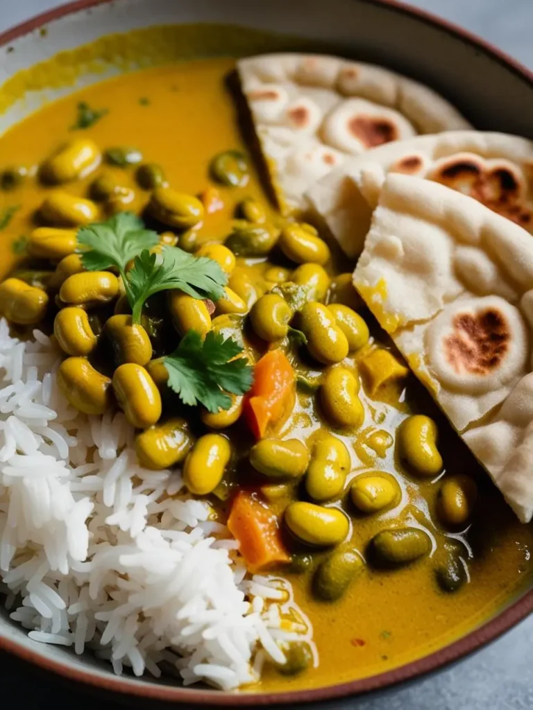 A bowl of yellow split pea curry served with rice and naan bread. The curry is a vibrant yellow color and is topped with fresh cilantro. The dish looks delicious and inviting.