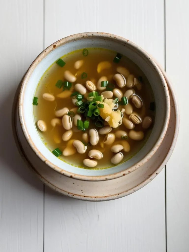 A bowl of white bean soup garnished with chopped green onions and ginger. The soup looks clear and flavorful, with the beans floating in a light broth. The dish is presented on a white plate and a white wooden table.