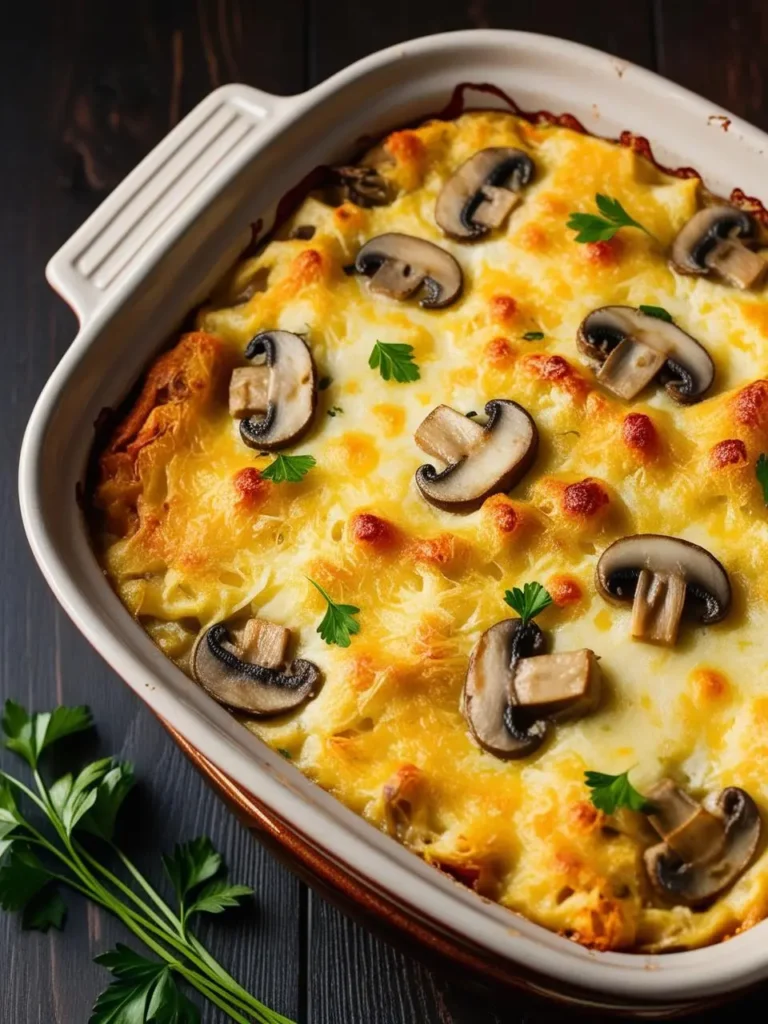 A golden-brown crustless quiche topped with sautéed mushrooms and melted cheese. The quiche is baked until bubbly, with the cheese creating a beautiful golden crust.