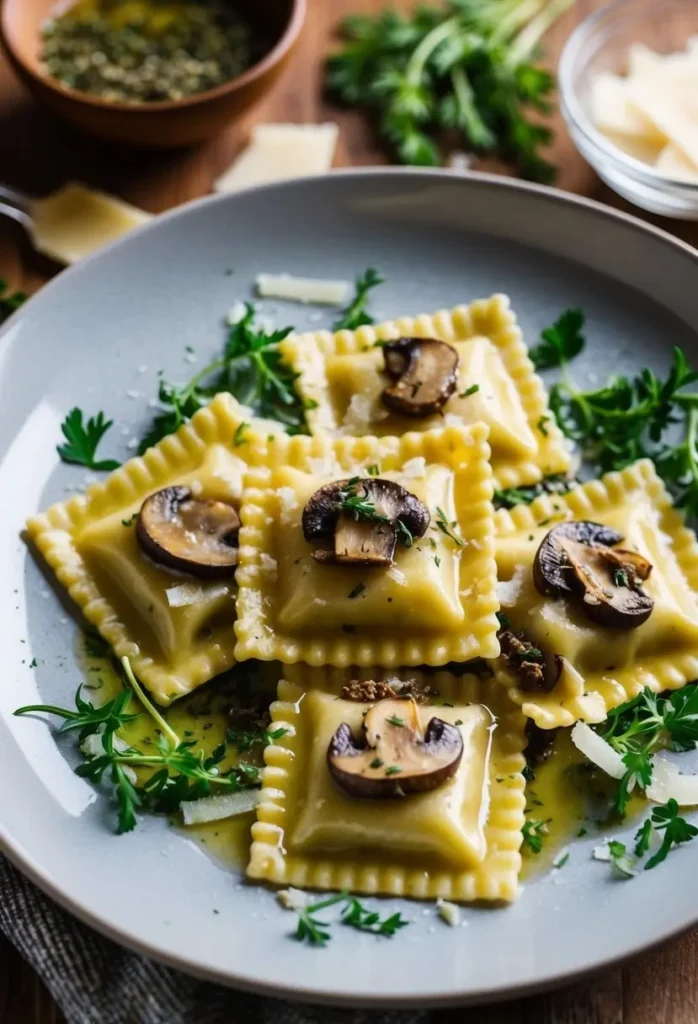 A plate of mushroom ravioli drizzled with truffle oil, surrounded by fresh herbs and garnished with parmesan shavings