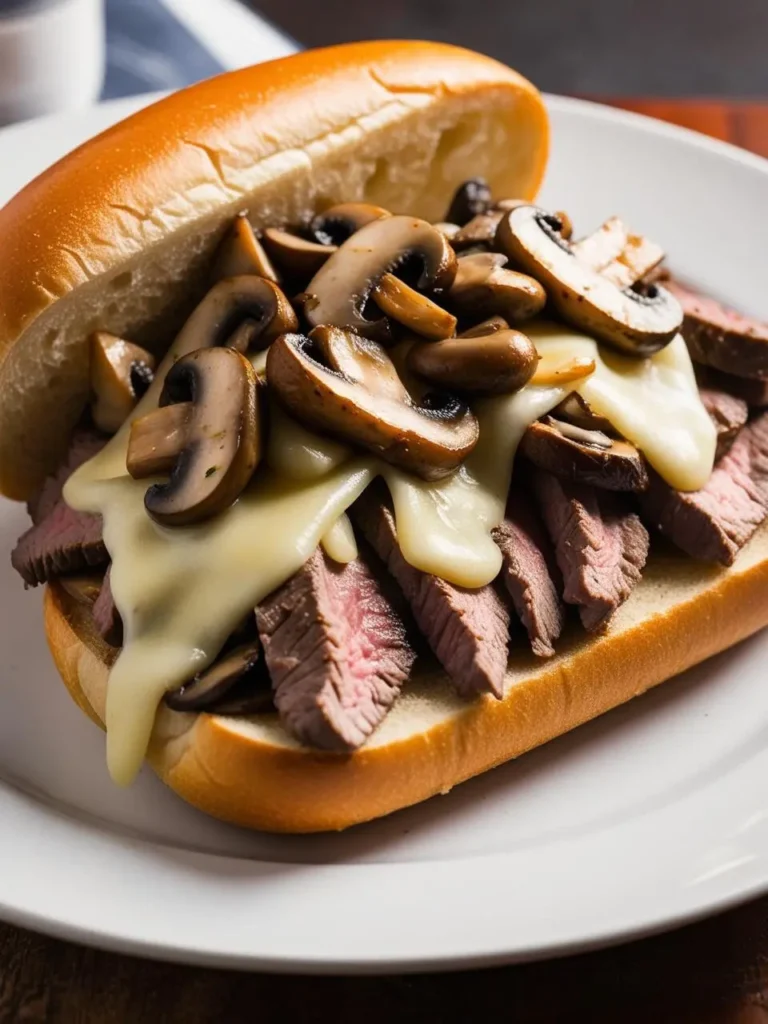 A cheesesteak sandwich with thinly sliced steak, melted cheese, and sautéed mushrooms on a toasted roll. The sandwich looks incredibly appetizing and perfect for a satisfying meal.