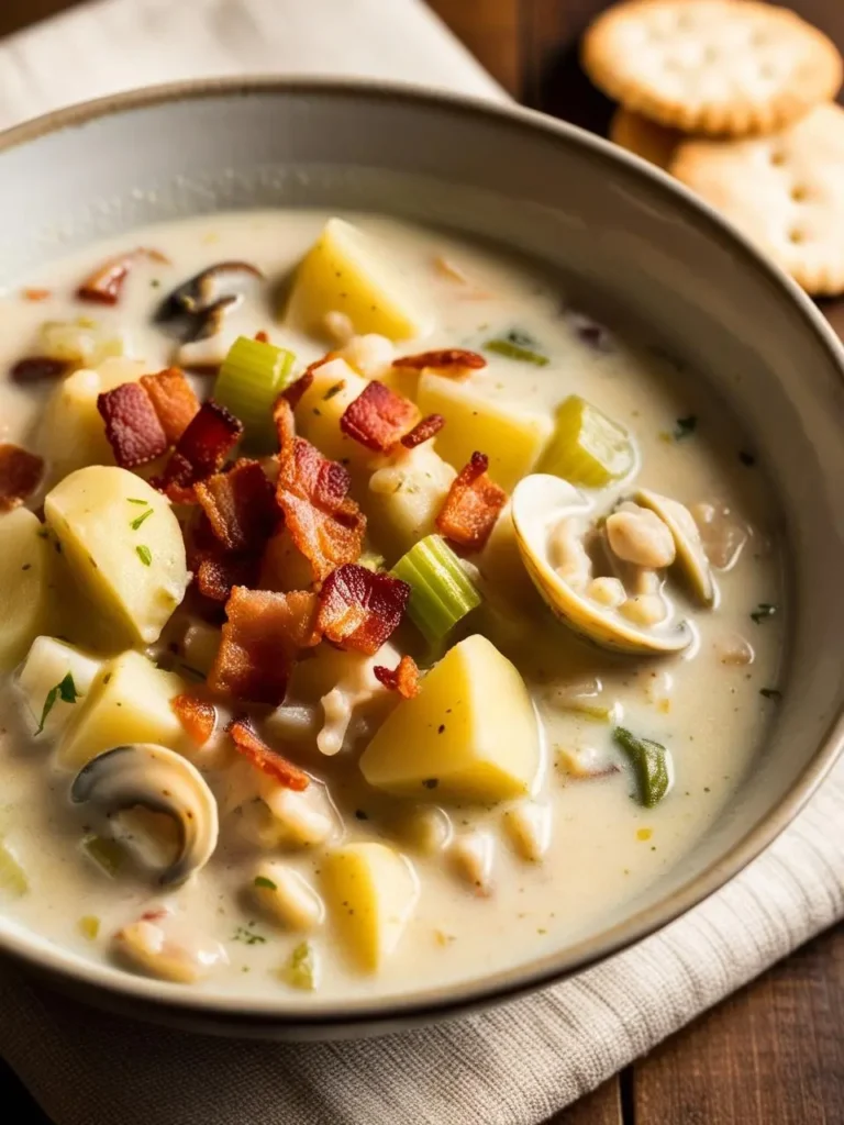 A bowl of creamy New England clam chowder. The chowder is filled with clams, potatoes, bacon, and vegetables, creating a hearty and flavorful soup. It's garnished with fresh parsley and served with a side of crackers.