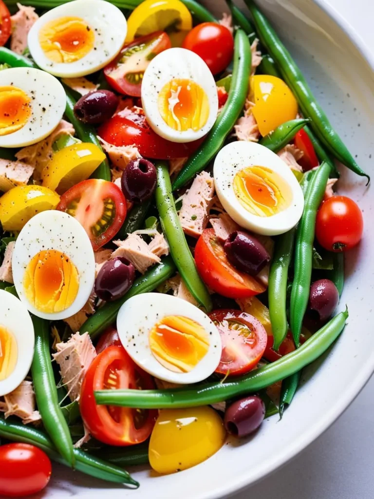 A vibrant Niçoise salad with crisp green beans, juicy cherry tomatoes, ripe olives, and hard-boiled eggs. The salad is topped with flaked tuna, adding protein and richness.