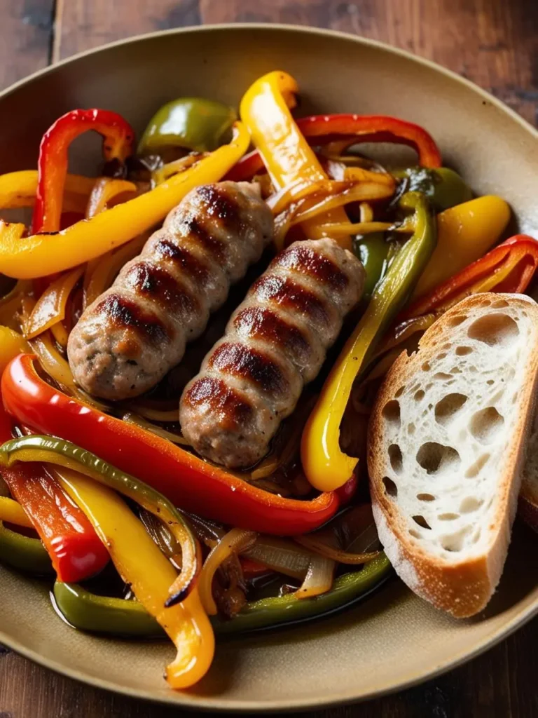 A plate of grilled Italian sausages served with colorful bell peppers and onions. The sausages are cooked to perfection with grill marks, and the vegetables are caramelized and flavorful. A slice of crusty bread is placed on the side, ready to be dipped into the delicious juices.