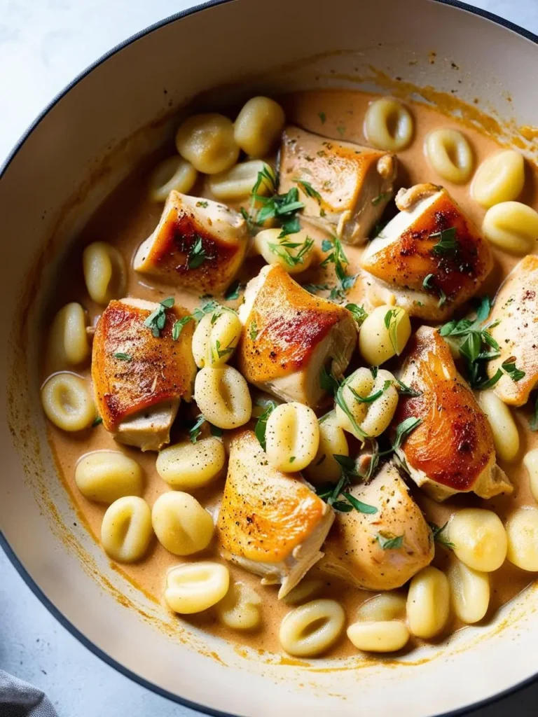 A skillet filled with a creamy chicken and gnocchi dish. The gnocchi are soft and pillowy, and the chicken is golden brown and crispy. The dish is covered in a creamy sauce and garnished with fresh herbs. It looks delicious and inviting.