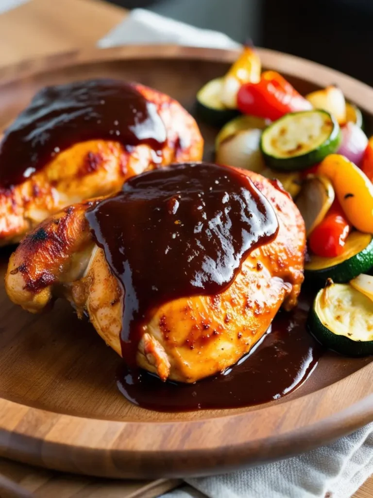 Two golden-brown chicken breasts are smothered in a thick, dark barbecue sauce. They are served on a wooden platter with a side of grilled vegetables, including zucchini, peppers, and onions. The dish looks incredibly appetizing and perfect for a summer barbecue.