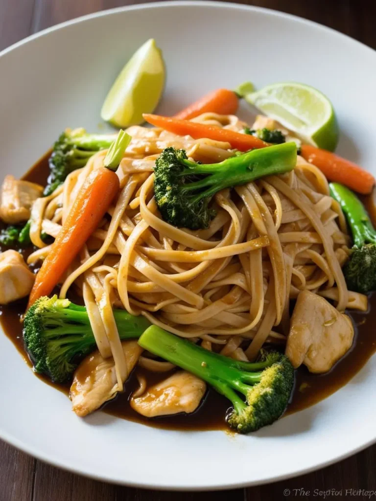 A plate of Pad See Ew, a popular Thai stir-fry dish. It features wide rice noodles stir-fried with chicken, broccoli, carrots, and a savory sauce. The dish is garnished with green onions and lime wedges, adding a touch of freshness.