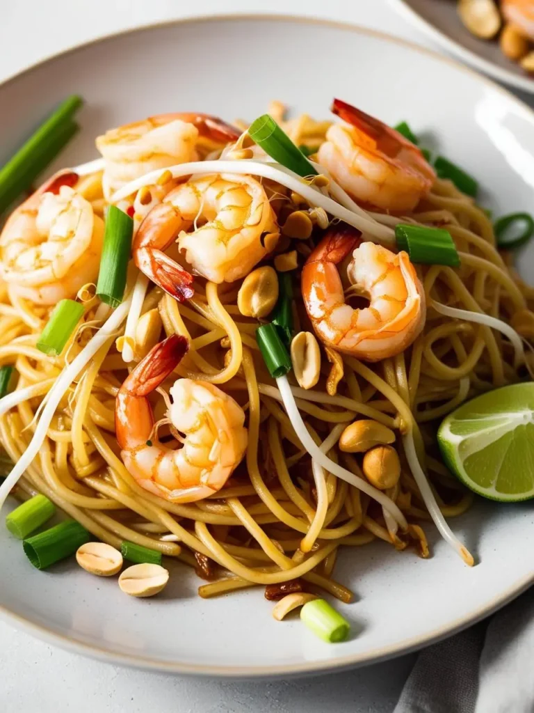 A plate of Pad Thai with juicy shrimp, crunchy peanuts, and fresh bean sprouts. The noodles are stir-fried with a savory sauce and garnished with green onions and a lime wedge. It looks like a delicious and flavorful dish!