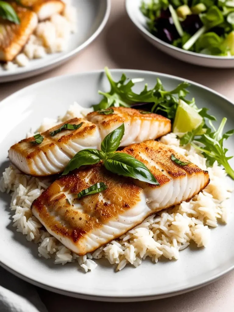 A plate of pan-seared Chilean sea bass fillets, perfectly cooked and golden brown. The fish is served on a bed of fluffy white rice and garnished with fresh basil leaves. A side salad adds a touch of freshness to the dish.