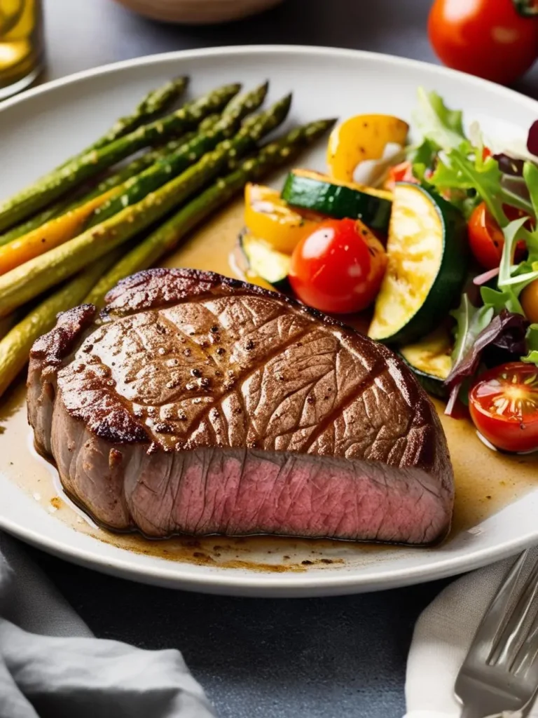 A perfectly cooked steak, sliced and served with a side of roasted vegetables and asparagus. The steak is juicy and tender, with a golden brown crust.