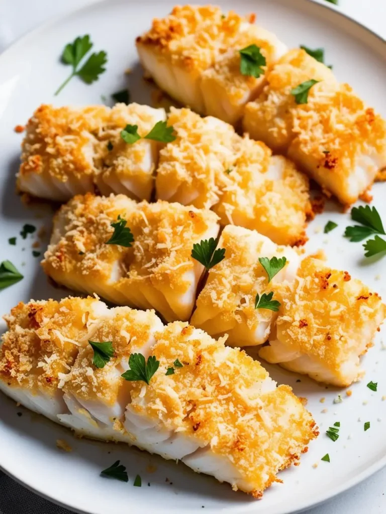 A plate of baked cod fillets topped with a golden brown breadcrumb crust. The fish is flaky and white, and the crust is crispy and flavorful. Fresh parsley adds a touch of color and freshness.