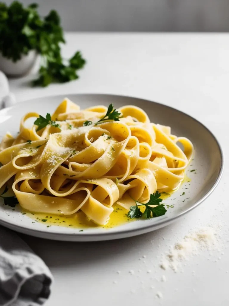 A plate of simple yet elegant pasta. The pappardelle noodles are tossed with melted butter, freshly grated Parmesan cheese, and chopped parsley. The dish looks light, flavorful, and perfect for a quick and satisfying meal.