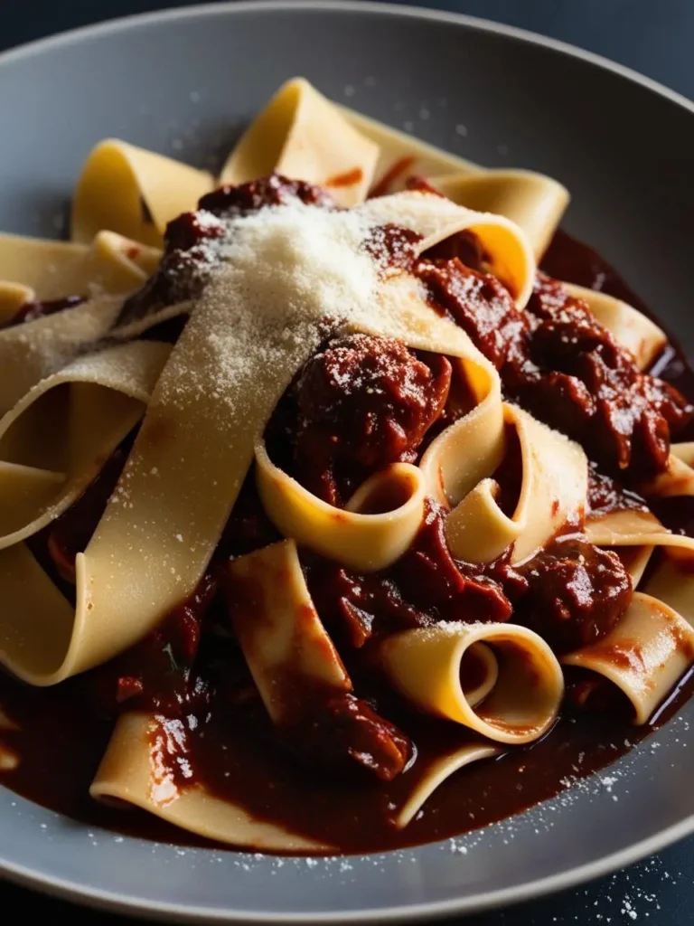 A plate of pappardelle pasta tossed with a rich and hearty Bolognese sauce. The pasta is wide and ribbon-like, coated in the flavorful sauce and topped with grated Parmesan cheese.