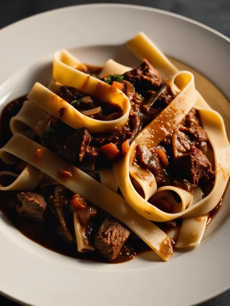 A plate of pappardelle pasta tossed in a rich and hearty ragu. The pasta is wide and ribbon-like, coated in a flavorful tomato-based sauce with chunks of tender meat.