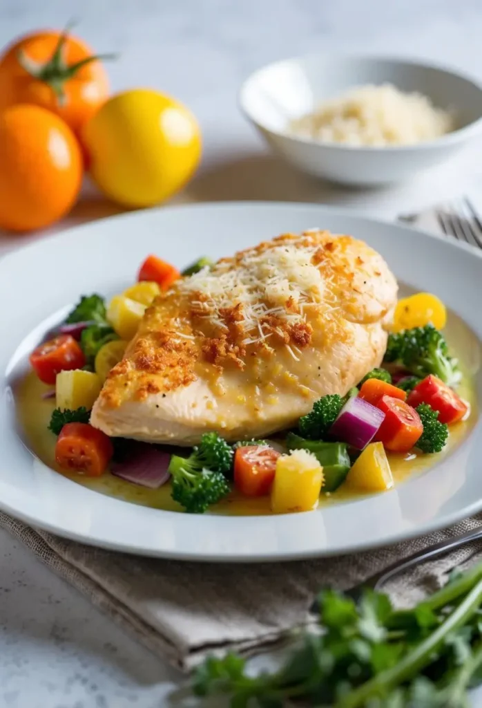 A plate of lemon Parmesan crusted chicken breast. The chicken is golden brown and crispy, and it's served on a bed of colorful roasted vegetables like broccoli, carrots, and cherry tomatoes. The dish looks delicious and healthy.