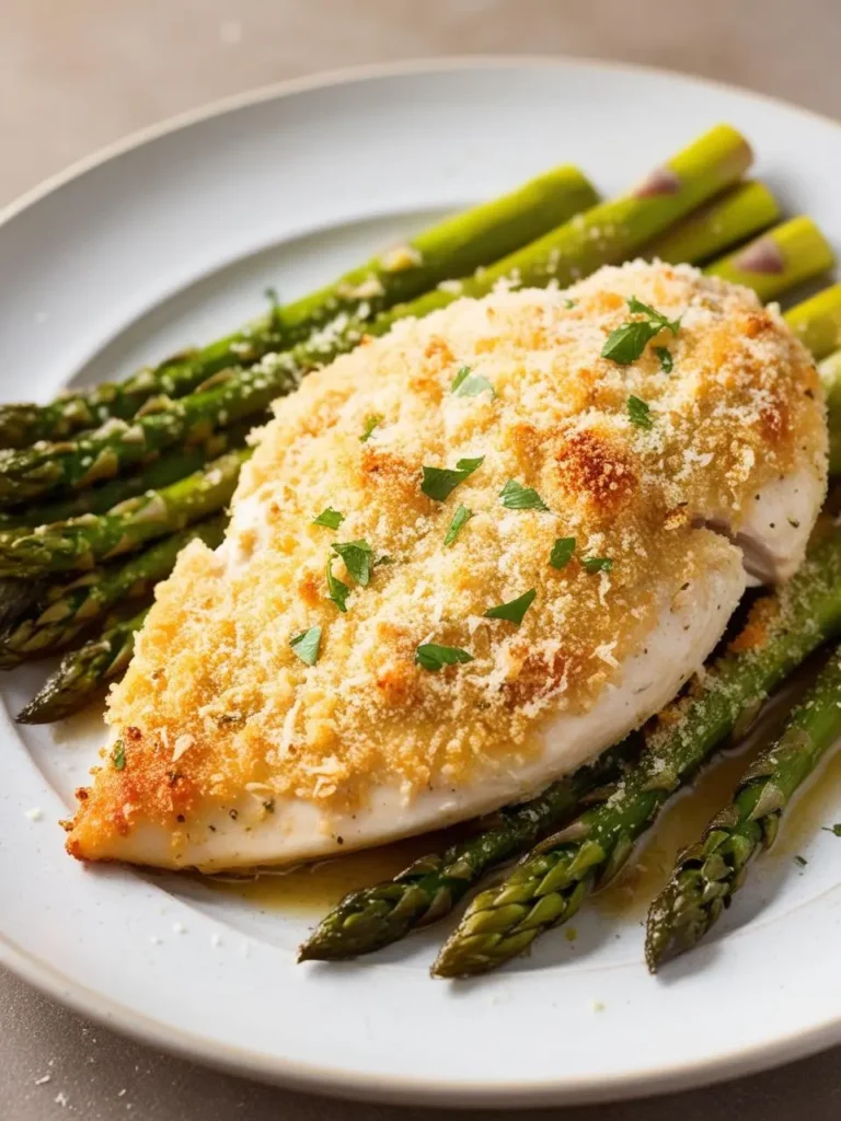 A golden-brown, breaded chicken breast is served on a white plate with a side of steamed asparagus. The chicken looks crispy and delicious, and the asparagus adds a vibrant green color to the dish.