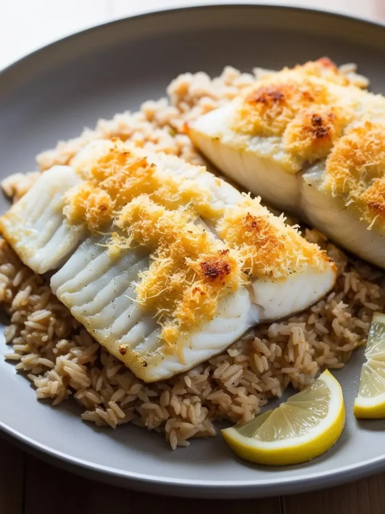 Two flaky white fish fillets baked to perfection with a golden brown, crispy topping. They are served on a bed of fluffy brown rice and garnished with lemon wedges, making it a healthy and delicious meal.