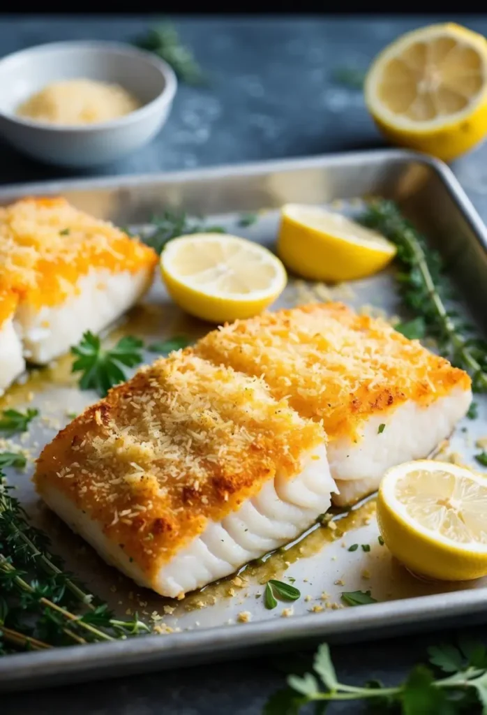 A golden-brown parmesan-crusted cod fillet on a baking sheet surrounded by fresh herbs and lemon wedges