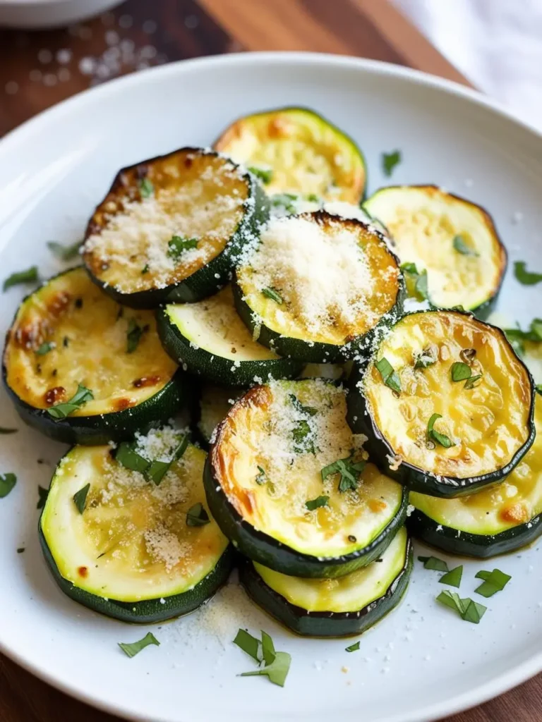 A plate of roasted zucchini slices. The zucchini is golden brown and sprinkled with Parmesan cheese and fresh herbs.