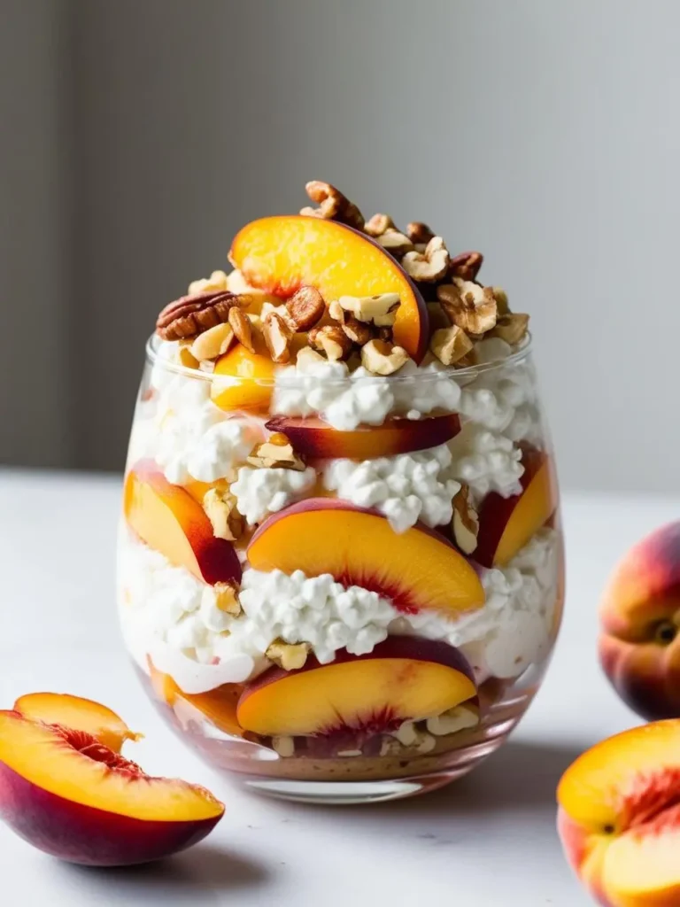 A layered dessert in a glass jar. It features alternating layers of creamy cottage cheese, juicy peach slices, and chopped pecans. The fresh fruit and nuts create a beautiful and inviting presentation.