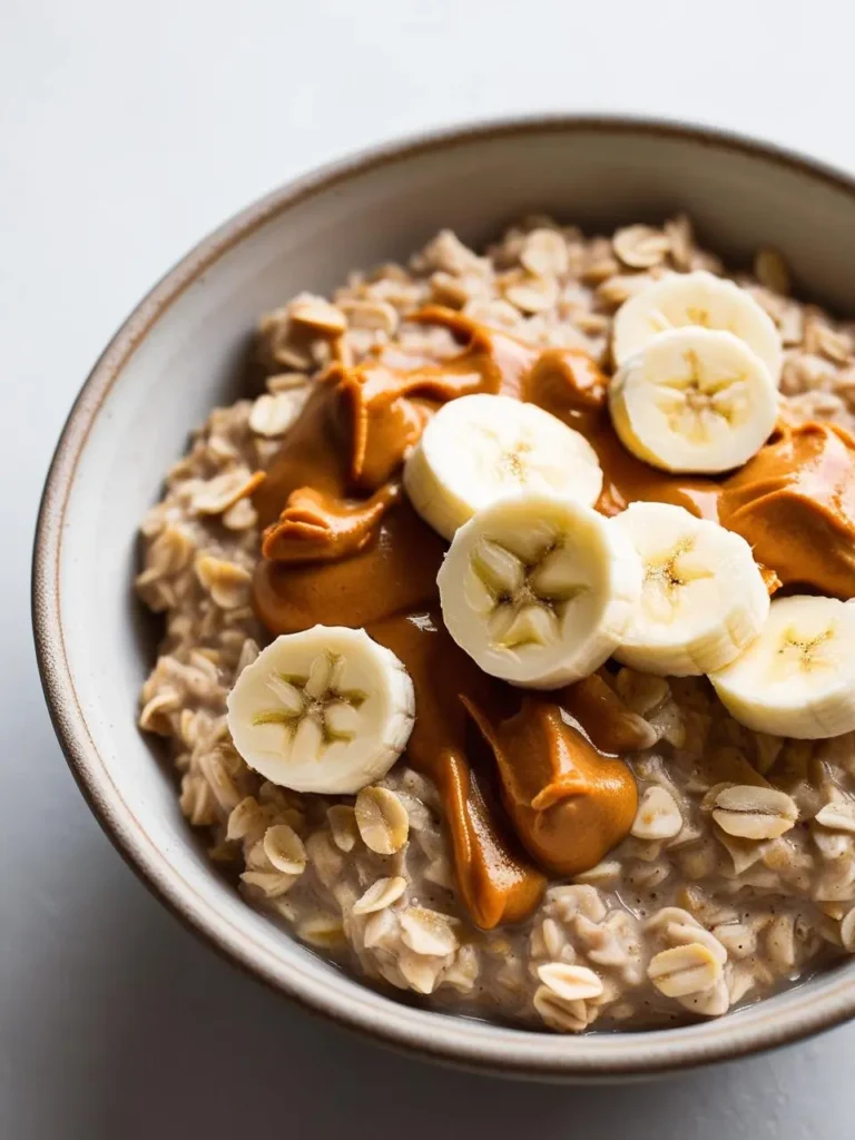 A bowl of creamy oatmeal topped with sliced banana and a generous drizzle of peanut butter. It's a simple yet satisfying breakfast option.