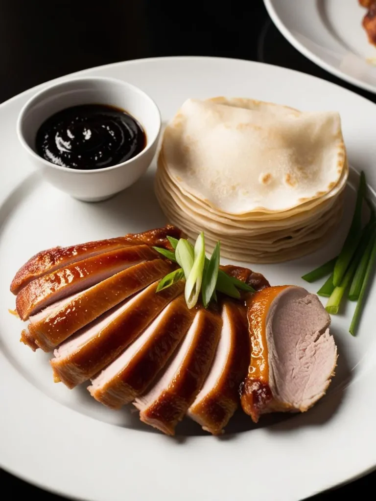 A plate of Peking duck, thinly sliced and arranged alongside a stack of small pancakes, a bowl of plum sauce, and garnished with green onions. The duck skin is glistening with a thin layer of fat, and the meat looks tender and juicy. It's a classic Chinese dish, perfect for a special occasion.