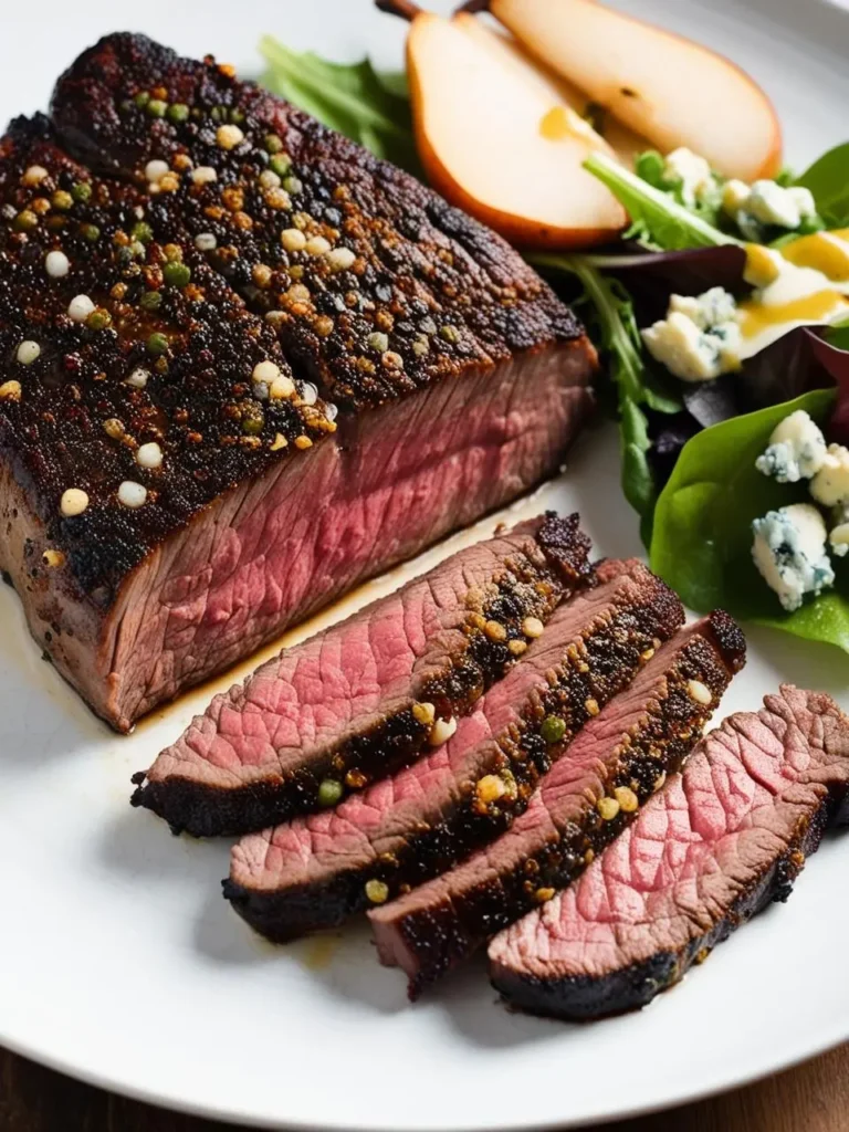 A perfectly cooked steak, sliced and served with a side salad of mixed greens, pears, and blue cheese. The steak is seasoned with a flavorful spice blend.