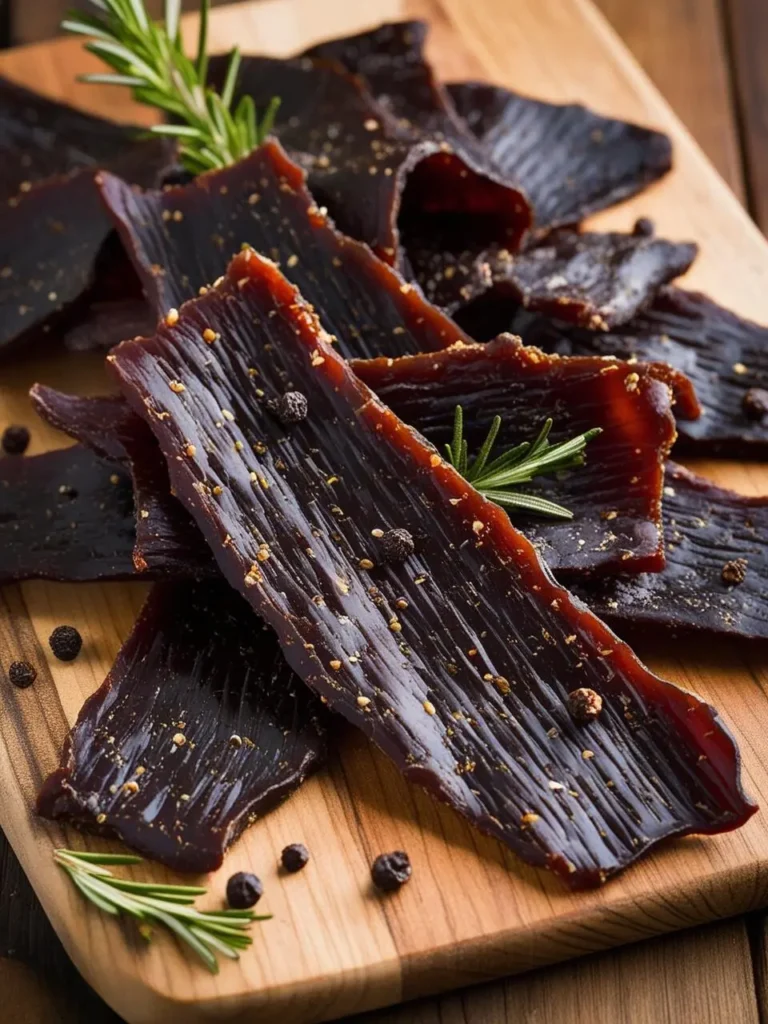 A close-up image of a pile of homemade beef jerky on a wooden cutting board. The jerky is dark brown in color and has a slightly shiny surface. There are small pieces of herbs and spices visible on the jerky, and fresh rosemary sprigs are scattered around it.