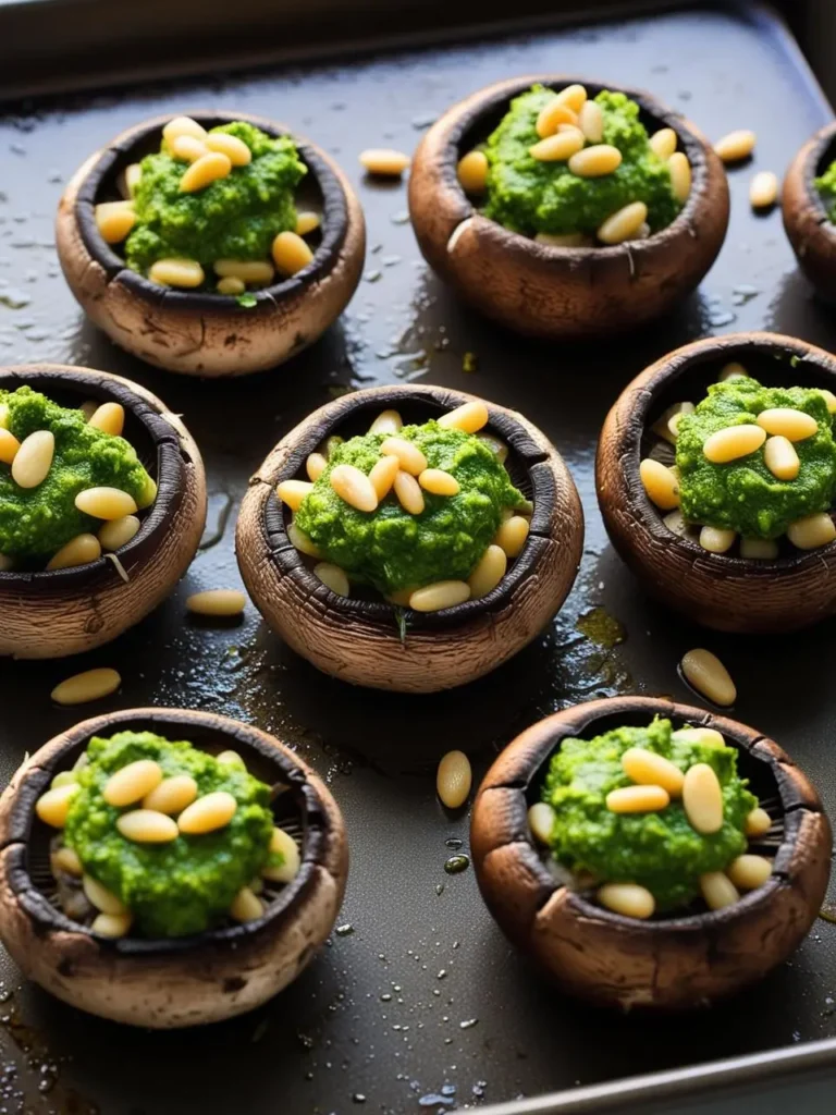 A baking sheet filled with rows of roasted mushrooms. Each mushroom cap is stuffed with a creamy cheese mixture and topped with sun-dried tomatoes. The mushrooms look golden brown and delicious.