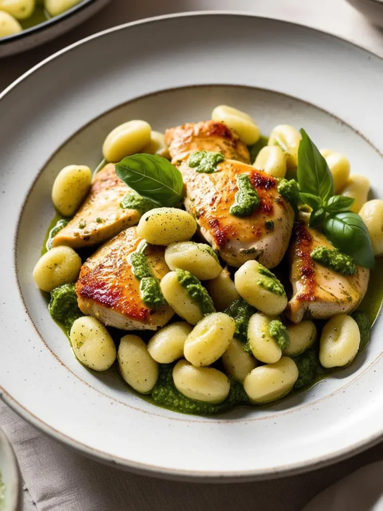 A plate of chicken and gnocchi. The chicken is golden brown and crispy, and the gnocchi are soft and pillowy. The dish is served with a green pesto sauce and garnished with fresh basil leaves. It looks delicious and inviting.