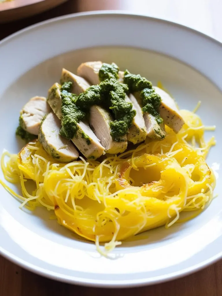 A white plate with a healthy and colorful meal. It features sliced grilled chicken topped with a vibrant green pesto sauce, served over a bed of spaghetti squash and roasted yellow bell peppers.