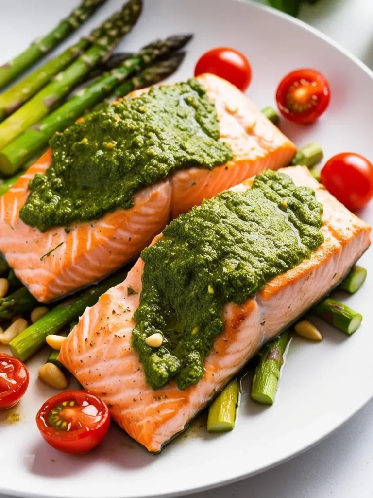 A plate of salmon fillets topped with a vibrant green pesto sauce. The salmon is cooked to perfection and served alongside a bed of roasted asparagus and cherry tomatoes. The dish looks fresh, flavorful, and perfect for a healthy and satisfying meal.