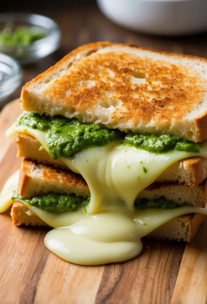 A gooey grilled cheese sandwich with pesto and melted cheese. The sandwich is cut in half and placed on a wooden cutting board.