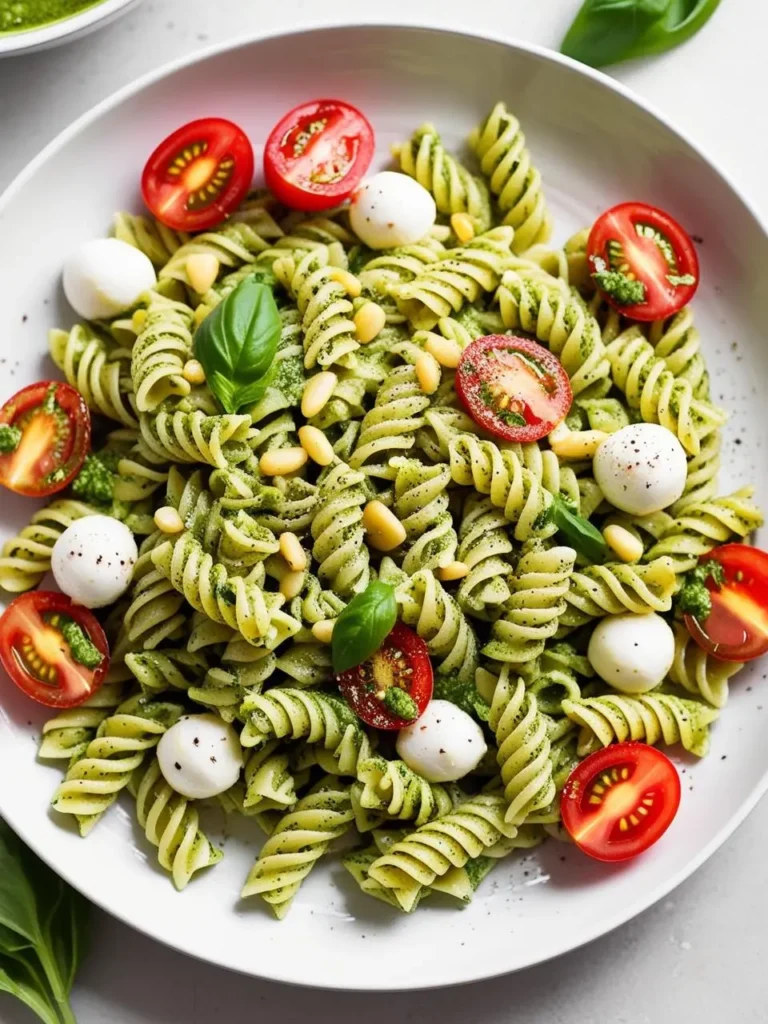 A plate of pesto pasta with cherry tomatoes and mozzarella cheese. The pasta is tossed in a vibrant green pesto sauce and looks incredibly appetizing.